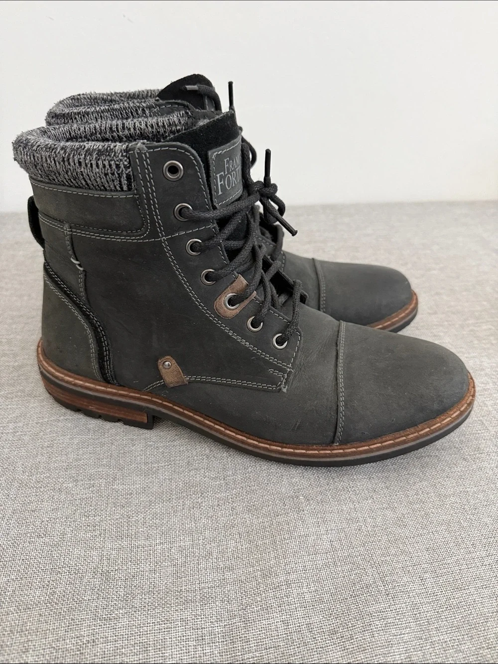 Franco Fortini Charcoal leather Lace-Up Knit-Collar Ankle Boots
